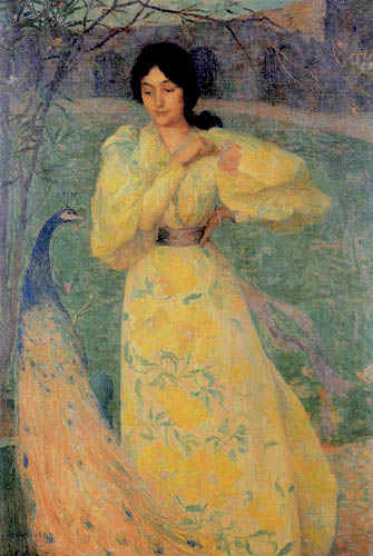 Edmond Aman-Jean - Young girl with peacock