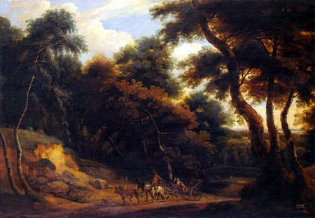 Jacques d´ Arthois - An wooded landscape with travellers in a wagon