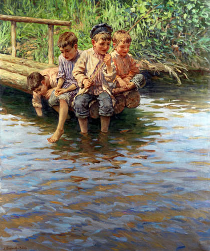 Nikolay Bogdanov-Belsky - Four boys on the bank jetty while fishing