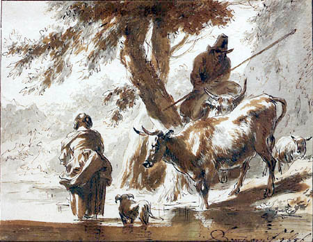 Nicolaes Berchem (Berghem, Berrighem) - Cows Crossing a River