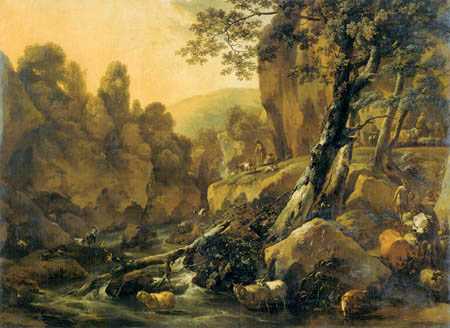 Nicolaes Berchem (Berghem, Berrighem) - Shepherds and Flocks at the Waterfall