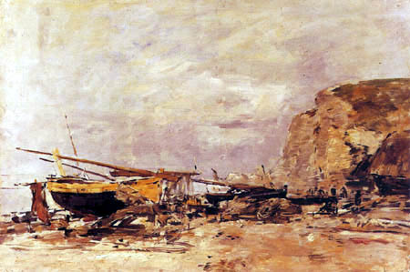 Eugene Boudin - Cliffs and boats in Etretat