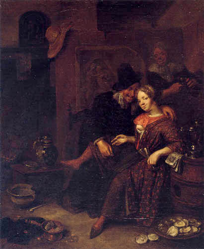 Richard Brakenburgh - Un homme et une jeune femme avec le vin et les huîtres
