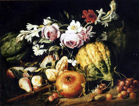 Abraham Brueghel - Still Life with Melons, Figs, Cherries and Mixed Flowers