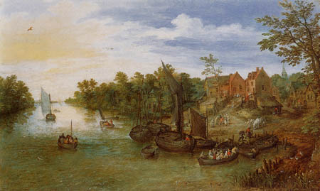 Jan Brueghel the Elder - River landscape with barges and landing  place