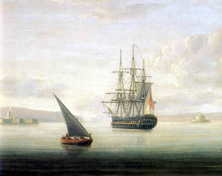 Thomas Buttersworth - A British Ship at Anchor in the Mediterranean