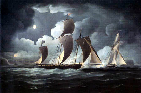 Thomas Buttersworth - A moonlight battle scene between two armed Vessels