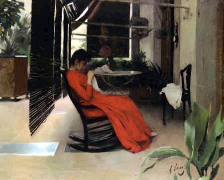 Ramon Casas i Carbó - Nähende Frau im roten Kleid