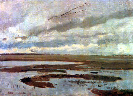 Józef Chełmoński ( Chelmonski ) - Cranes in meadows