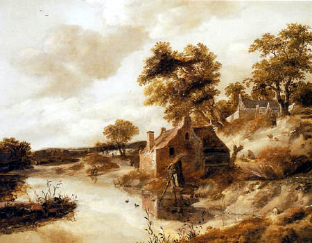 Cornelis Gerritsz. Decker - Paisaje del río con pescadores cerca de una cabaña