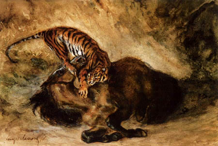 Eugene Delacroix - Tiger, ein Pferd reissend