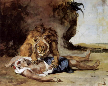 Eugene Delacroix - Un lion et un Arabe mort