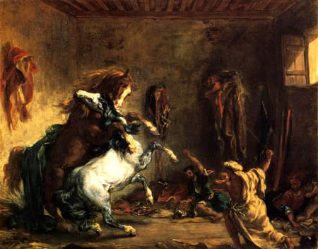 Eugene Delacroix - Kämpfende arabische Pferde im Stall