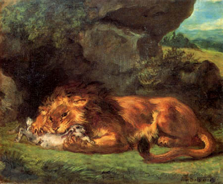 Eugene Delacroix - Löwe einen Hasen verschlingend