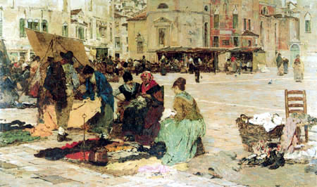 Giacomo Favretto - Il mercato di Campo San Polo a Venezia
