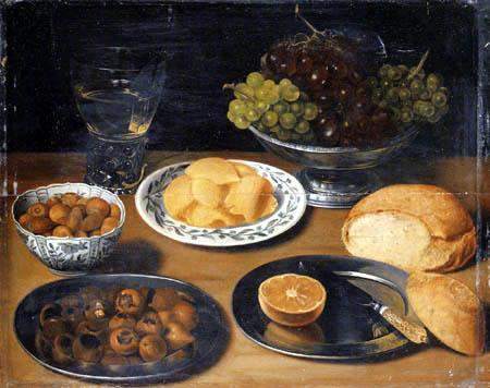 Georg Flegel - Grapes in a pewter bowl with a bread roll