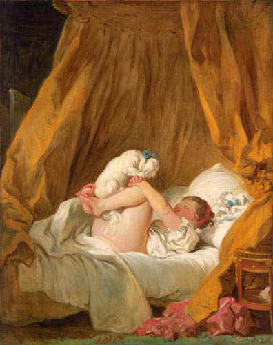 Jean-Honoré Fragonard - Mädchen mit tanzendem Hund im Bett
