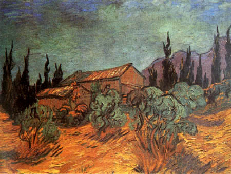Vincent van Gogh - Cabañas rodeado de olivos y cipreses