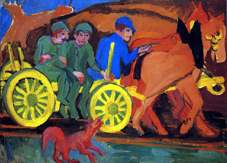 Ernst Ludwig Kirchner - Equipo de caballos con tres granjeros