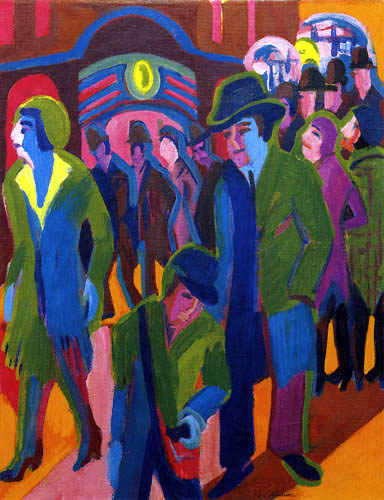 Ernst Ludwig Kirchner - Road with pedestrians at night lighting