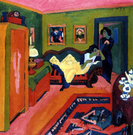 Ernst Ludwig Kirchner - Wohnzimmer, Interieur mit zwei Mädchen