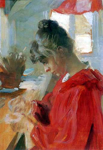 Peder Severin Krøyer - Marie Krøyer, The artist´s wife sewing at a table