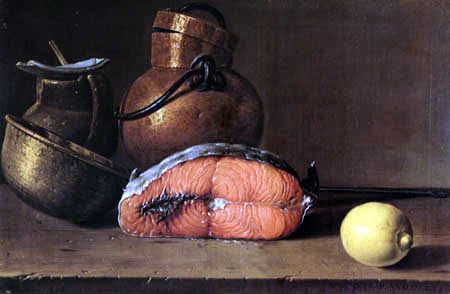 Luis E. Meléndez - Still life with Piece of salmon, lemon and three pots