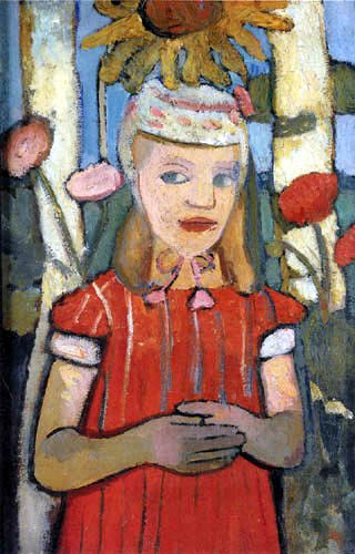 Paula Modersohn-Becker - Mädchen in rotem Kleid vor einer Sonnenblume