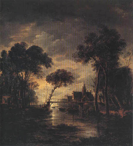 Aert van der Neer - Canal con el puente de madera en una noche de luna