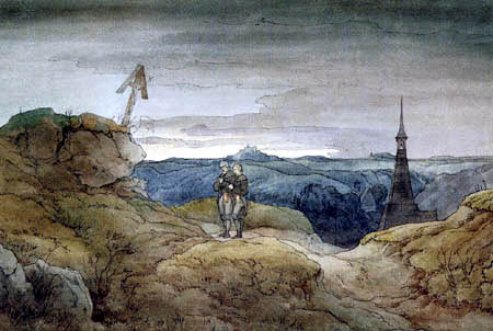 Ernst Ferdinand Oehme - Paysage dans les montagnes de minerai avec des mineurs