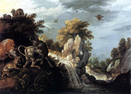 Roelant Savery - Paysage rocheux de fleuve avec deux taureaux et un combat de renard