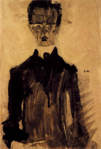 Egon Schiele - Selbstbildnis in schwarzem Gewand