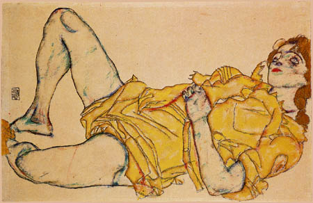 Egon Schiele - A Reclining Woman in a yellow dress