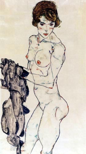 Egon Schiele - Stehender weiblicher Akt mit blauem Tuch