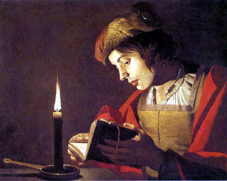 Matthias Stomer - Lectura del hombre joven en luz de la vela