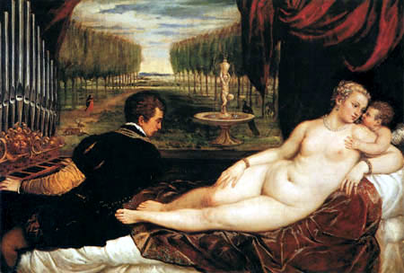 Tizian (Tiziano Vecellio) - Venus mit Orgelspieler und Cupido