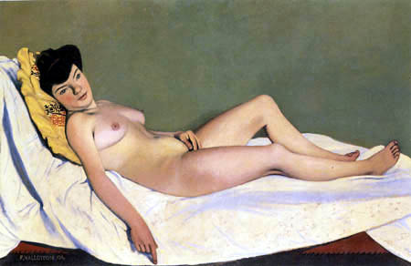 Félix Edouard Vallotton - A Reclining Nude on a yellow cushion