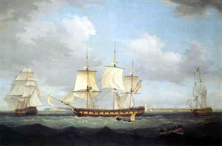 Thomas Whitcombe - A Frigate in Three Positions off the Coast at Deal